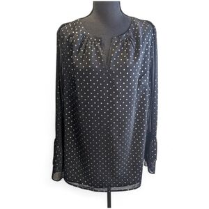 Talbots Black & Silver Polka Dot Blouse Lined Sleeves Are Sheer. Size XL Flaw